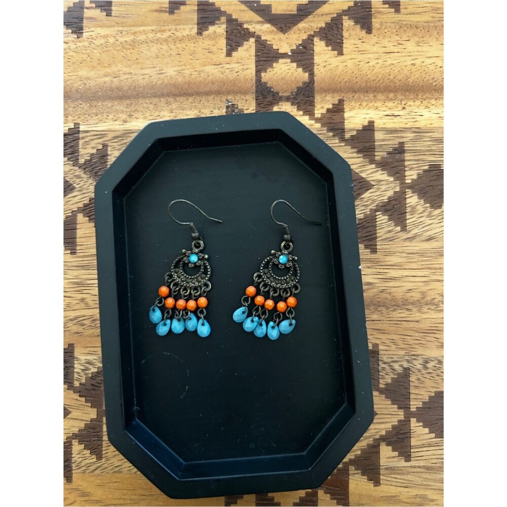 Justin Boots Turquoise & Orange Boho Dangle Earrings - Picture 2 of 2